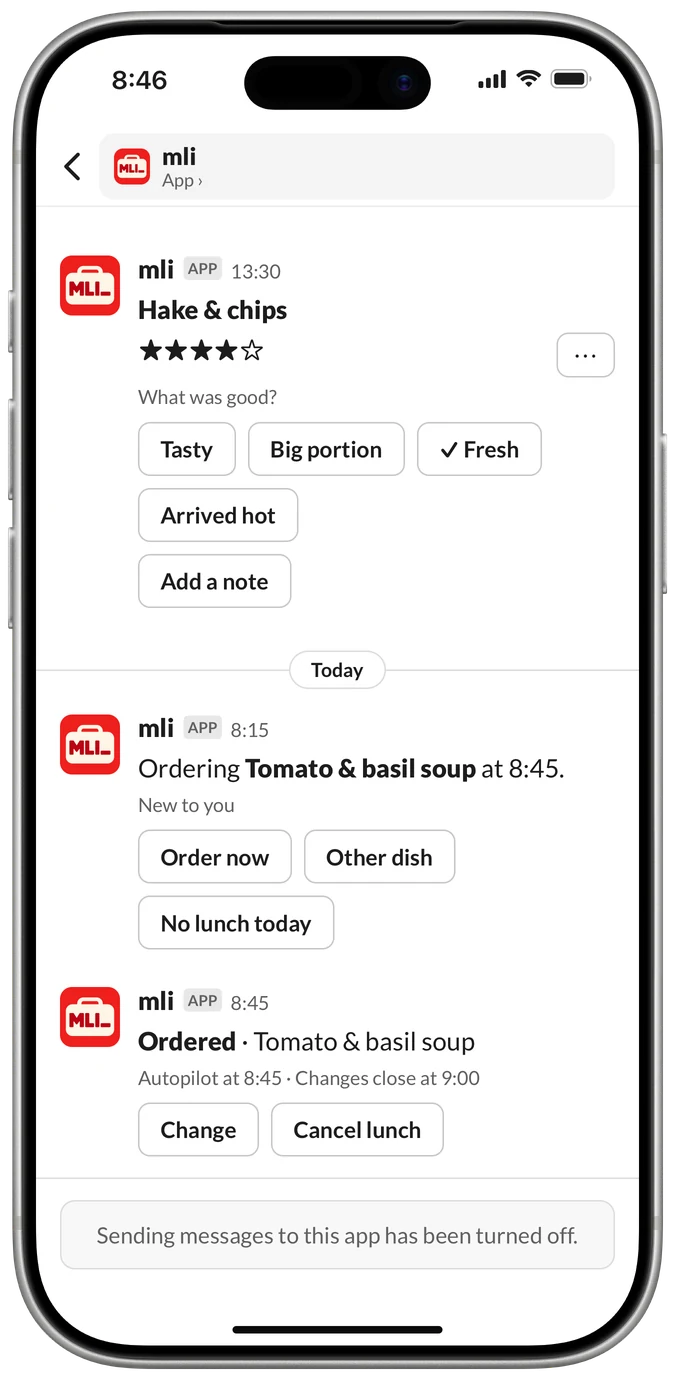 Autopilot in the DM: at 8:15, ordering tomato & basil soup at 8:45; at 8:45, Ordered, with Change and Cancel lunch