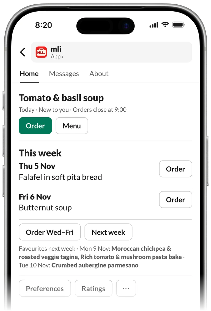 mli’s Home tab on an iPhone: tomato & basil soup today, new to you, then falafel on Thursday and butternut soup on Friday