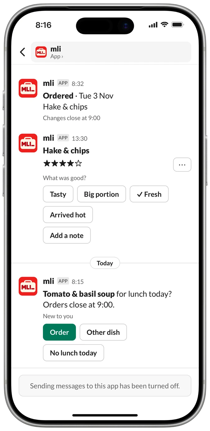 mli’s 8:15 DM on an iPhone: tomato & basil soup for lunch today, new to you, with Order, Other dish and No lunch today