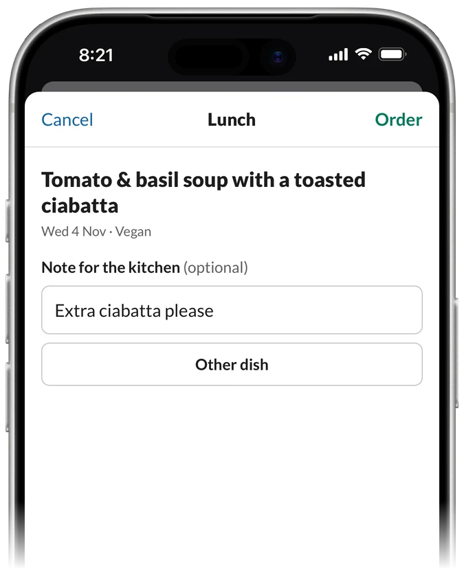 Tomato & basil soup picked in the Lunch sheet, with “Extra ciabatta please” for the kitchen, and Order