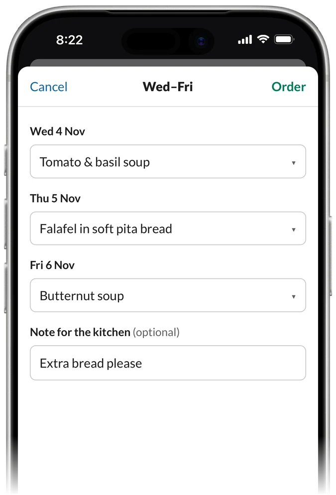 Order Wed–Fri: tomato & basil soup, falafel and butternut soup, with a note for the kitchen