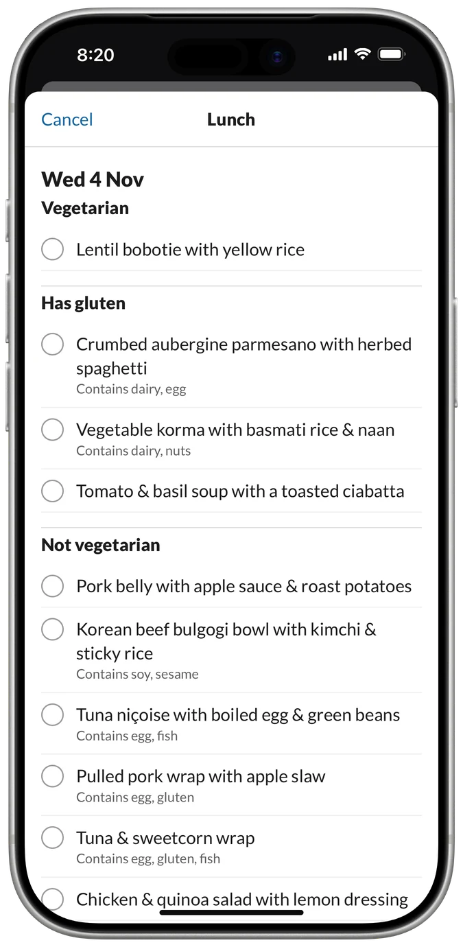 The Lunch sheet for a vegetarian who avoids gluten: lentil bobotie first, the rest under Has gluten and Not vegetarian